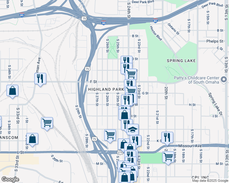 map of restaurants, bars, coffee shops, grocery stores, and more near 4202 South 25th Street in Omaha