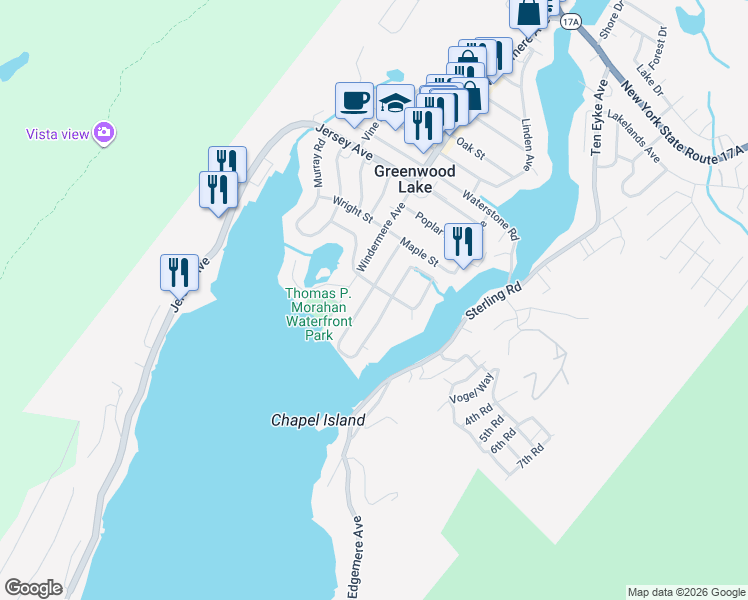 map of restaurants, bars, coffee shops, grocery stores, and more near 18 Myrtle Avenue in Greenwood Lake