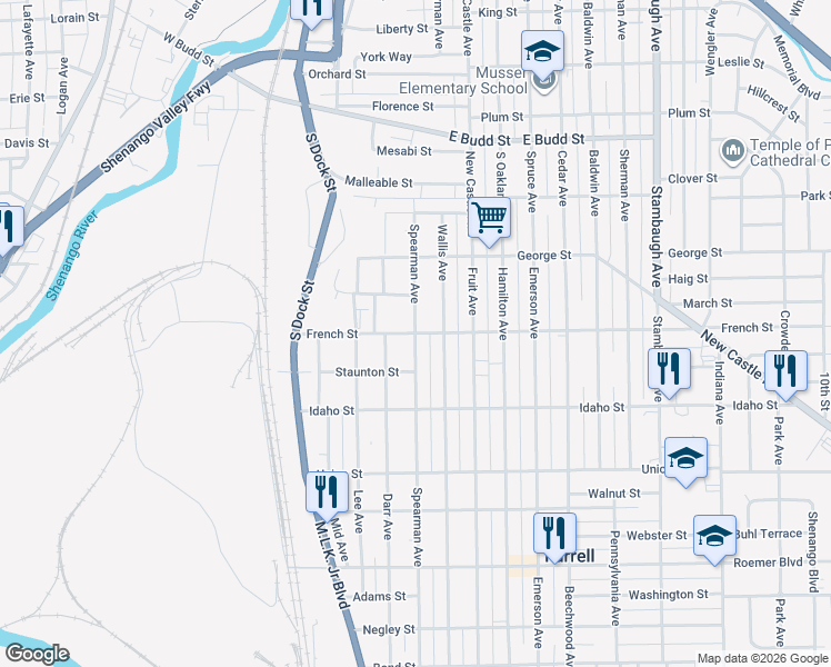 map of restaurants, bars, coffee shops, grocery stores, and more near 501 French Street in Farrell