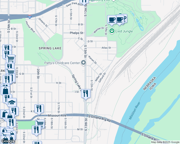 map of restaurants, bars, coffee shops, grocery stores, and more near 4134 South 12th Street in Omaha