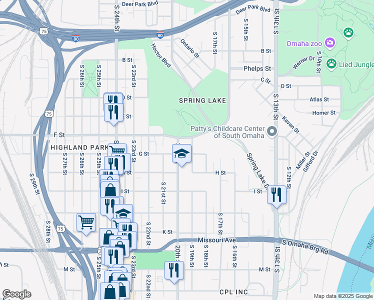 map of restaurants, bars, coffee shops, grocery stores, and more near 4123 South 20th Street in Omaha