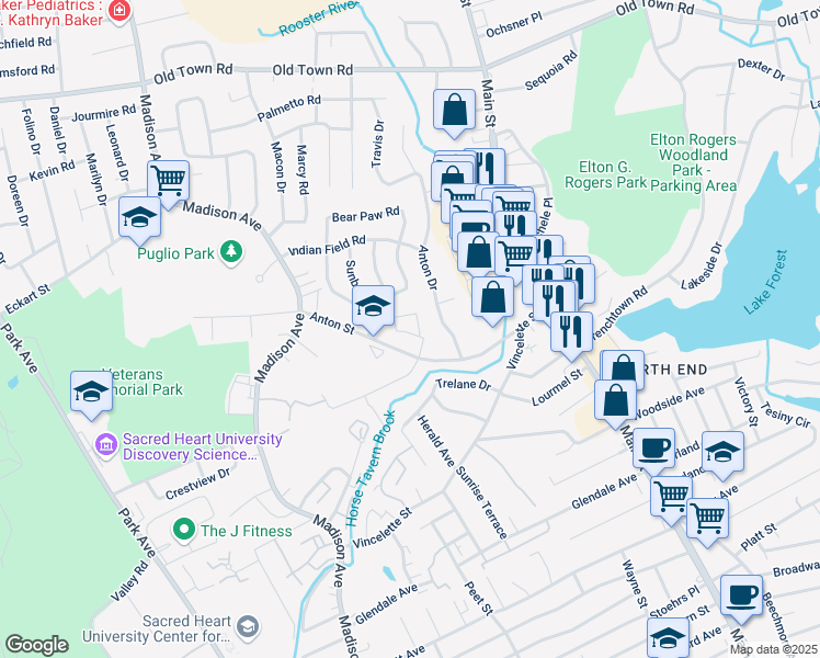 map of restaurants, bars, coffee shops, grocery stores, and more near 2 Greenhouse Road in Bridgeport