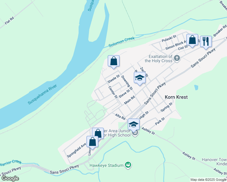 map of restaurants, bars, coffee shops, grocery stores, and more near 744 Church St in Wilkes-Barre