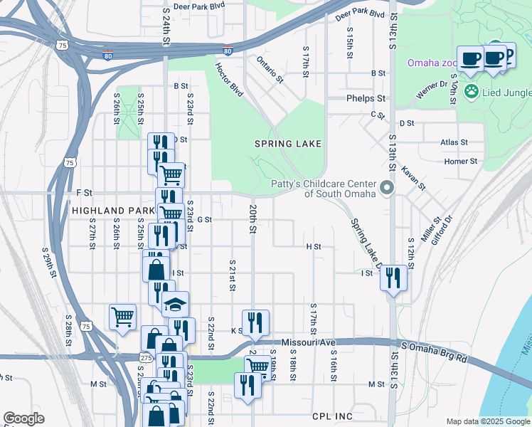 map of restaurants, bars, coffee shops, grocery stores, and more near 4123 South 20th Street in Omaha