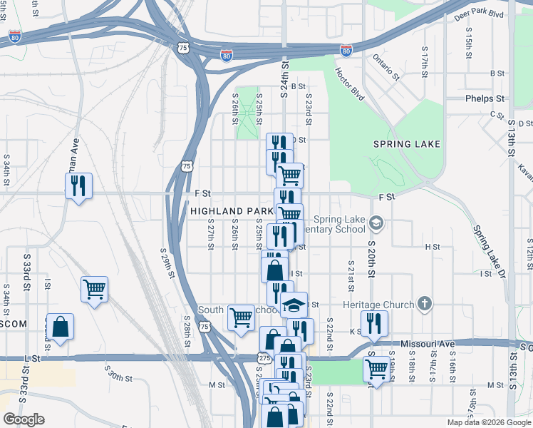 map of restaurants, bars, coffee shops, grocery stores, and more near 2409 G Street in Omaha