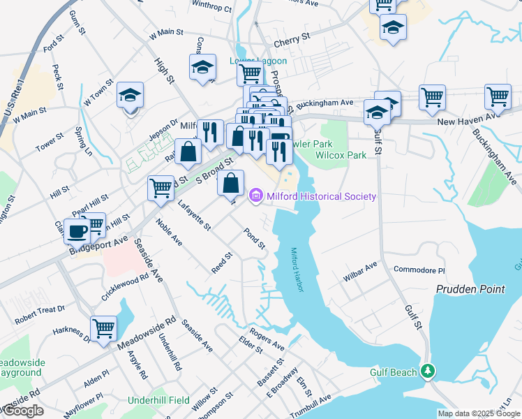 map of restaurants, bars, coffee shops, grocery stores, and more near 26 High Street in Milford
