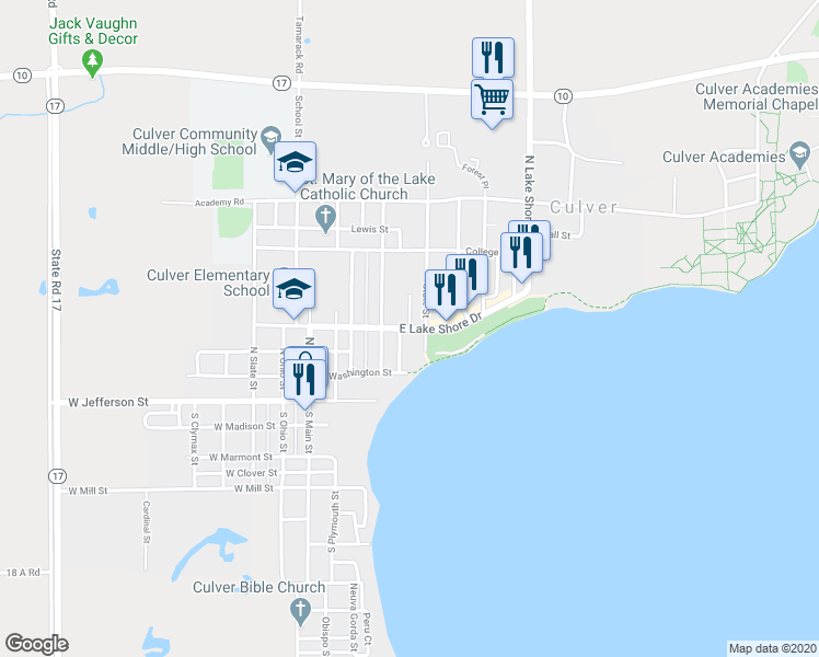 map of restaurants, bars, coffee shops, grocery stores, and more near East Lake Shore Drive in Culver