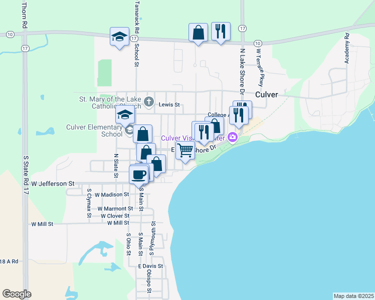 map of restaurants, bars, coffee shops, grocery stores, and more near East Lake Shore Drive in Culver