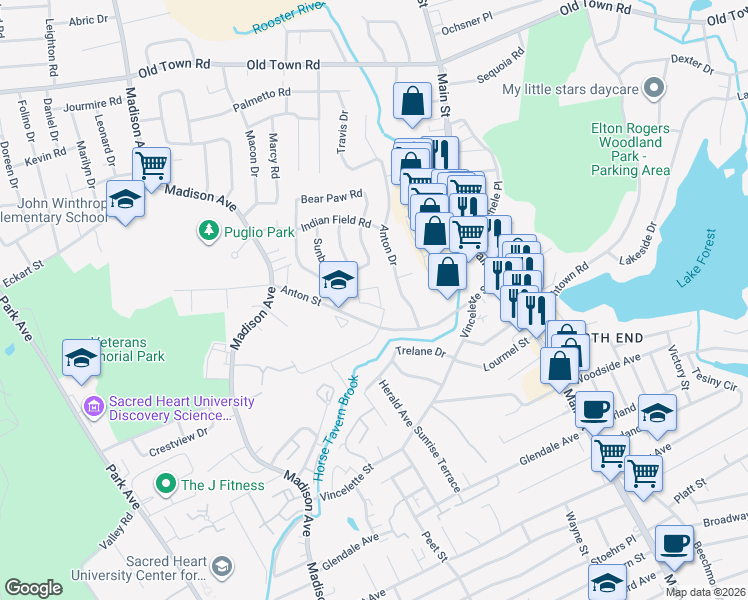 map of restaurants, bars, coffee shops, grocery stores, and more near 2 Greenhouse Road in Bridgeport