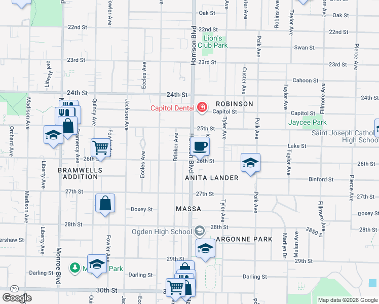 map of restaurants, bars, coffee shops, grocery stores, and more near 2567 Harrison Boulevard in Ogden