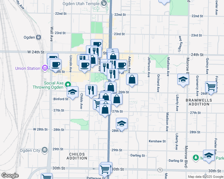 map of restaurants, bars, coffee shops, grocery stores, and more near 2610 Washington Boulevard in Ogden