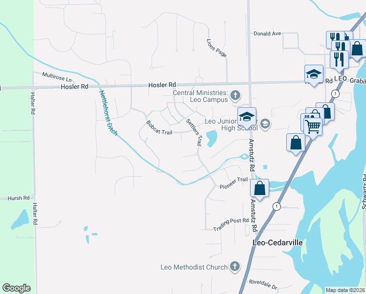map of restaurants, bars, coffee shops, grocery stores, and more near 9521 Red Cloud Ct in Leo