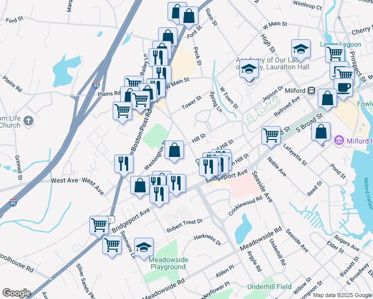 map of restaurants, bars, coffee shops, grocery stores, and more near 155 Hill Street in Milford