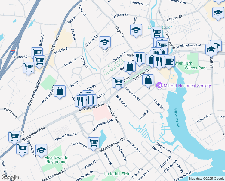 map of restaurants, bars, coffee shops, grocery stores, and more near 250 Bridgeport Avenue in Milford