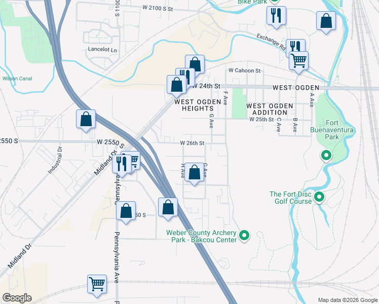 map of restaurants, bars, coffee shops, grocery stores, and more near 870 West Ellis Street in Ogden