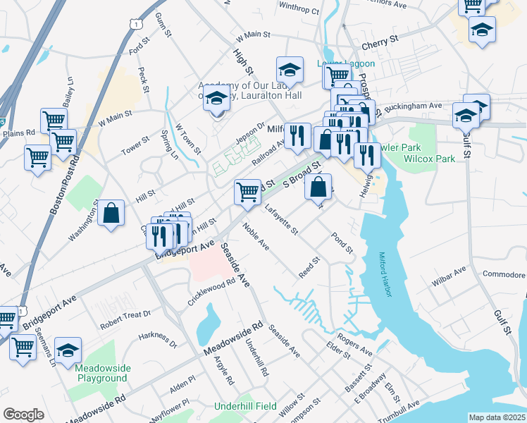 map of restaurants, bars, coffee shops, grocery stores, and more near 9 Lafayette Street in Milford