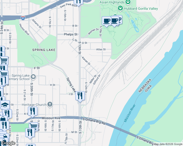 map of restaurants, bars, coffee shops, grocery stores, and more near 1114 Miller Street in Omaha