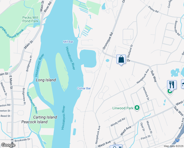 map of restaurants, bars, coffee shops, grocery stores, and more near 1128 Windward Road in Milford