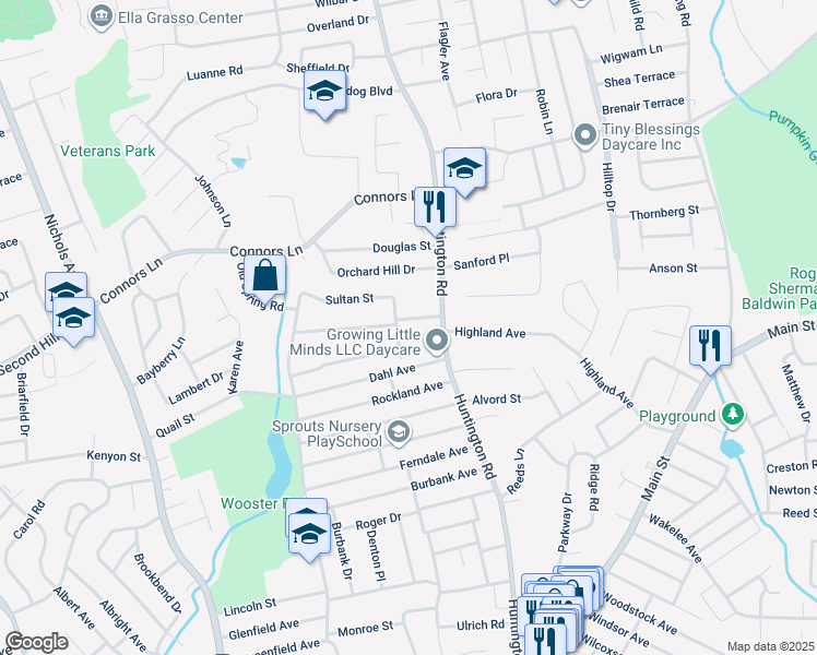 map of restaurants, bars, coffee shops, grocery stores, and more near 835 Huntington Road in Stratford