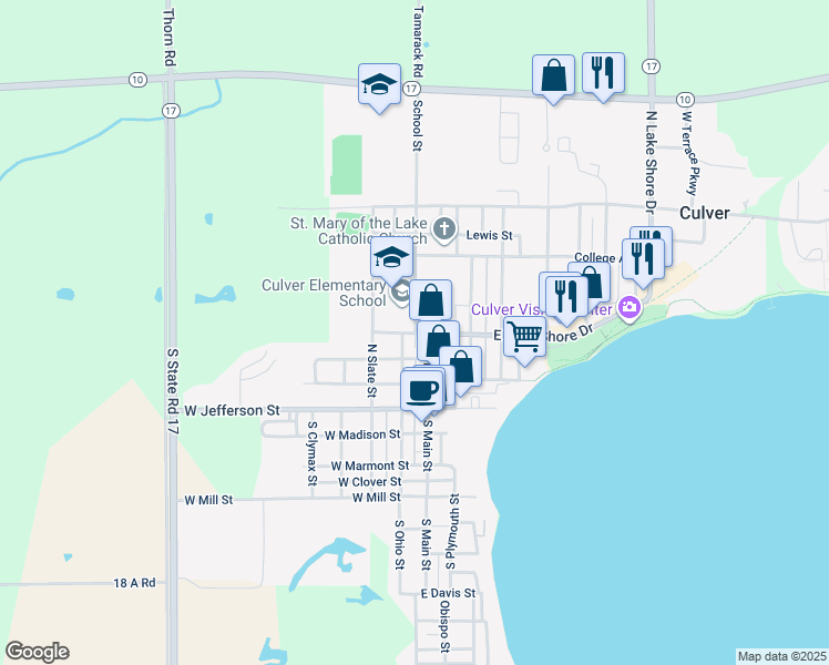 map of restaurants, bars, coffee shops, grocery stores, and more near 401 School Street in Culver