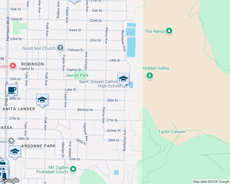 map of restaurants, bars, coffee shops, grocery stores, and more near 1751 Lake Street in Ogden