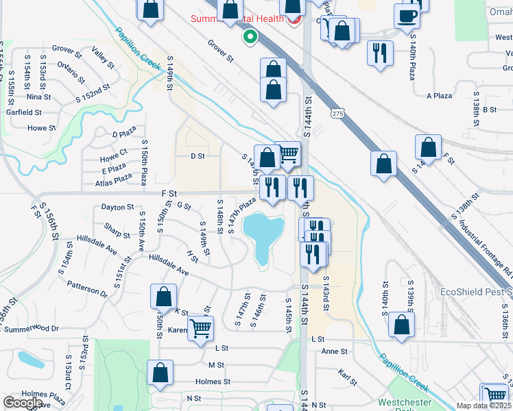 map of restaurants, bars, coffee shops, grocery stores, and more near 14707 F Street in Omaha