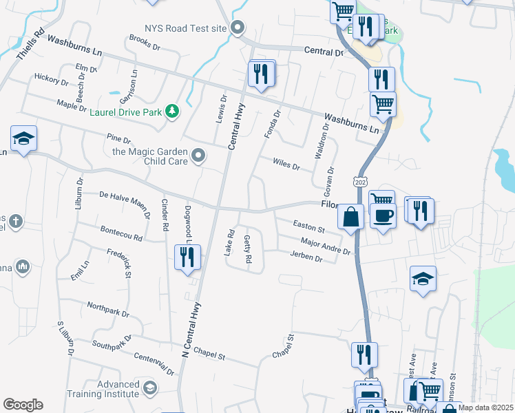 map of restaurants, bars, coffee shops, grocery stores, and more near 60 Filors Lane in Stony Point
