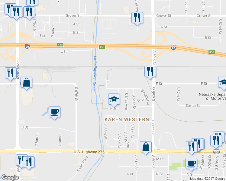 map of restaurants, bars, coffee shops, grocery stores, and more near 6221 Buckingham Avenue in Omaha