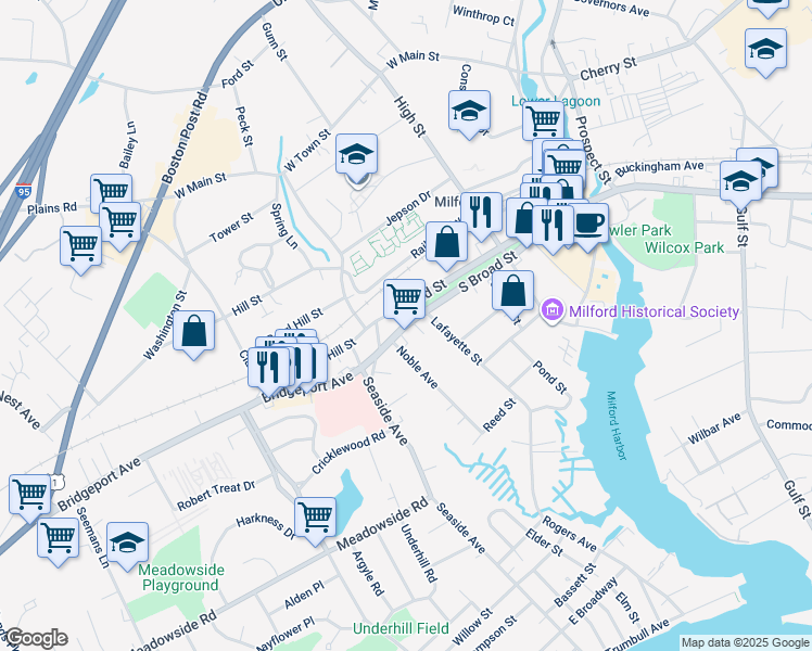 map of restaurants, bars, coffee shops, grocery stores, and more near 219 Greens End Place in Milford