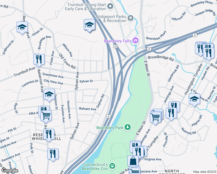 map of restaurants, bars, coffee shops, grocery stores, and more near 392 Hillcrest Road in Bridgeport