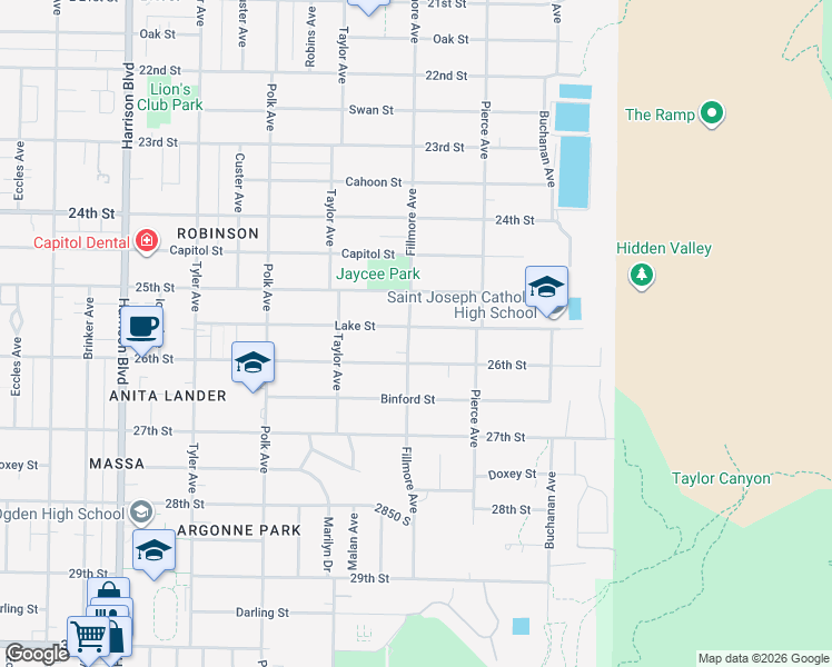 map of restaurants, bars, coffee shops, grocery stores, and more near 2579 Fillmore Avenue in Ogden