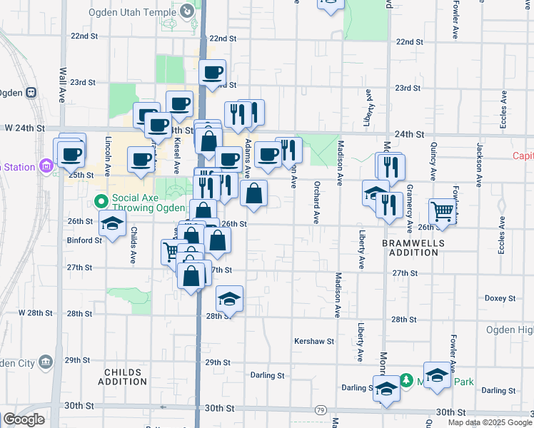 map of restaurants, bars, coffee shops, grocery stores, and more near 4068 South Porter Avenue in Ogden