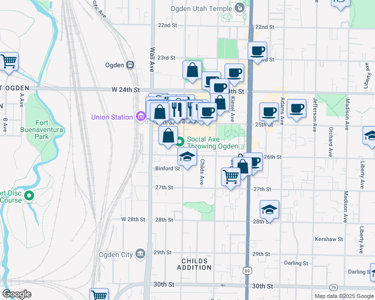 map of restaurants, bars, coffee shops, grocery stores, and more near 2600 Lincoln Avenue in Ogden