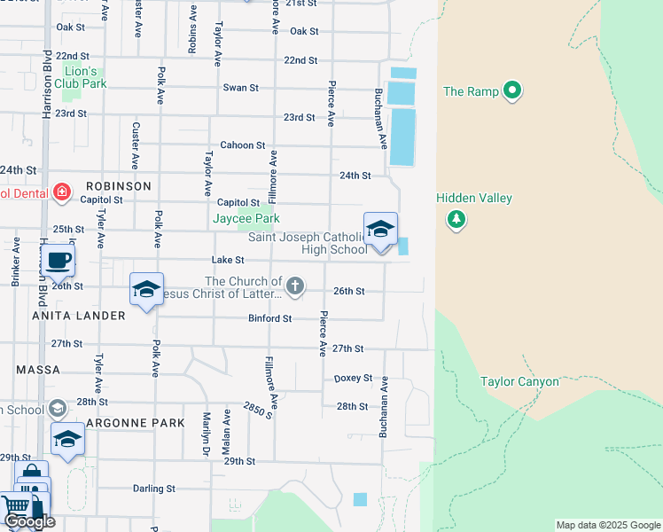 map of restaurants, bars, coffee shops, grocery stores, and more near 2550 Pierce Avenue in Ogden