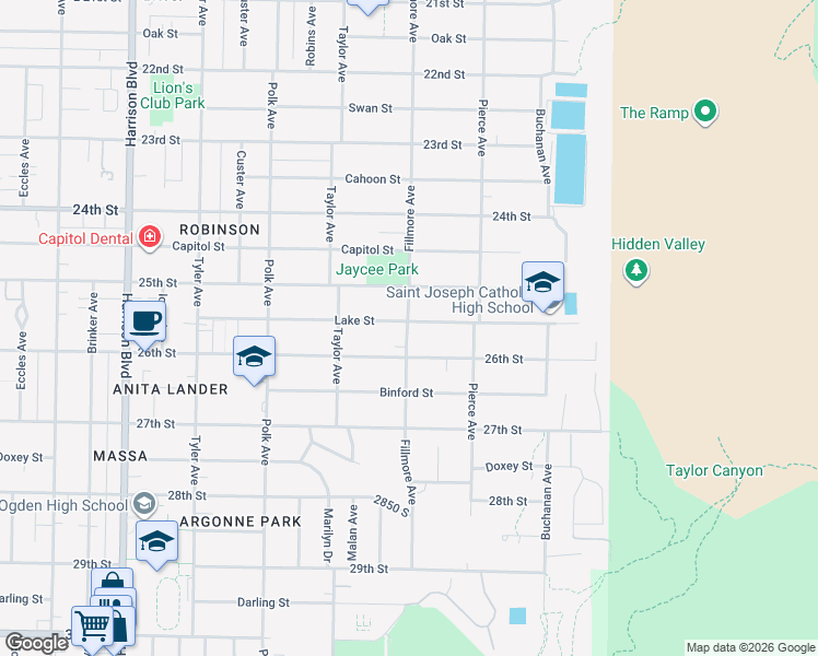 map of restaurants, bars, coffee shops, grocery stores, and more near 2579 Fillmore Avenue in Ogden