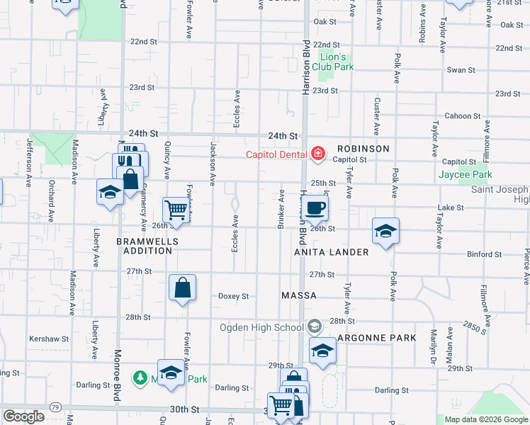 map of restaurants, bars, coffee shops, grocery stores, and more near 2584 Van Buren Avenue in Ogden
