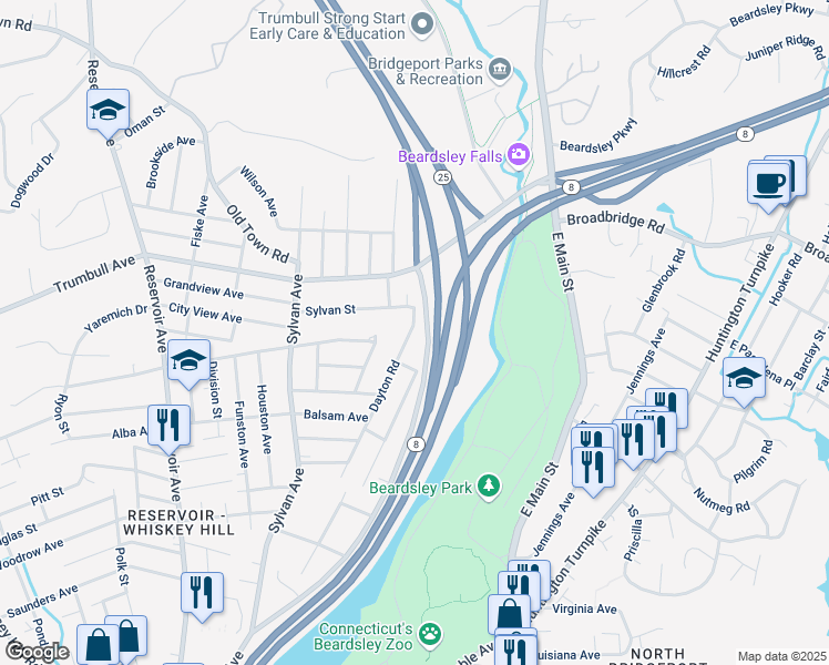map of restaurants, bars, coffee shops, grocery stores, and more near 392 Hillcrest Road in Bridgeport