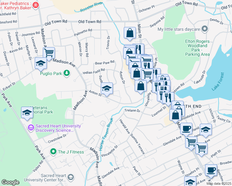 map of restaurants, bars, coffee shops, grocery stores, and more near 2 Greenhouse Road in Bridgeport