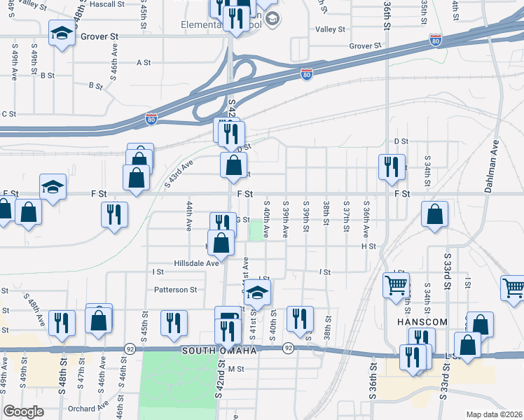 map of restaurants, bars, coffee shops, grocery stores, and more near 4137 South 41st Avenue in Omaha