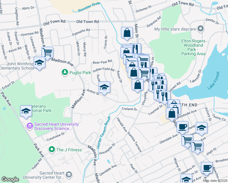map of restaurants, bars, coffee shops, grocery stores, and more near 2 Greenhouse Road in Bridgeport