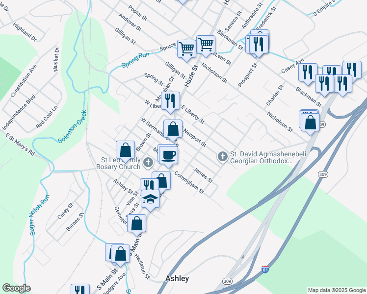 map of restaurants, bars, coffee shops, grocery stores, and more near 12 East Germania Street in Wilkes-Barre