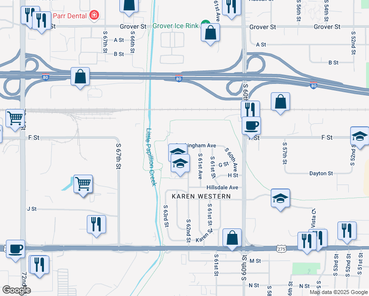 map of restaurants, bars, coffee shops, grocery stores, and more near 6221 Buckingham Avenue in Omaha