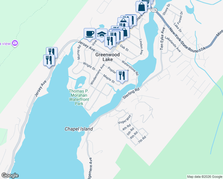 map of restaurants, bars, coffee shops, grocery stores, and more near 4 Grove Avenue in Greenwood Lake