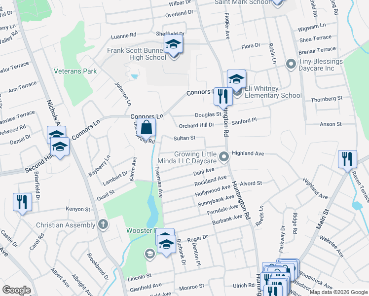 map of restaurants, bars, coffee shops, grocery stores, and more near 98 Sunflower Avenue in Stratford