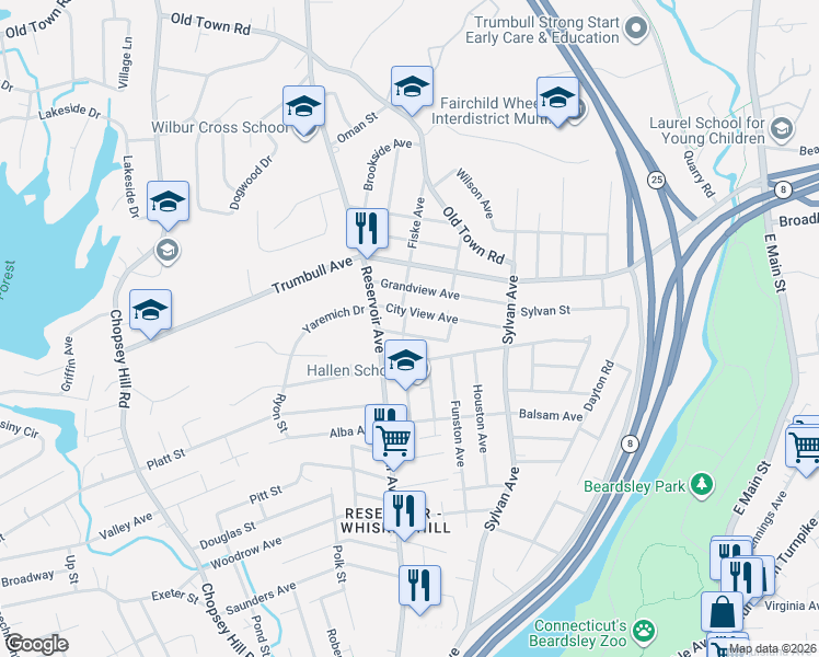 map of restaurants, bars, coffee shops, grocery stores, and more near 380 Soundview Avenue in Bridgeport
