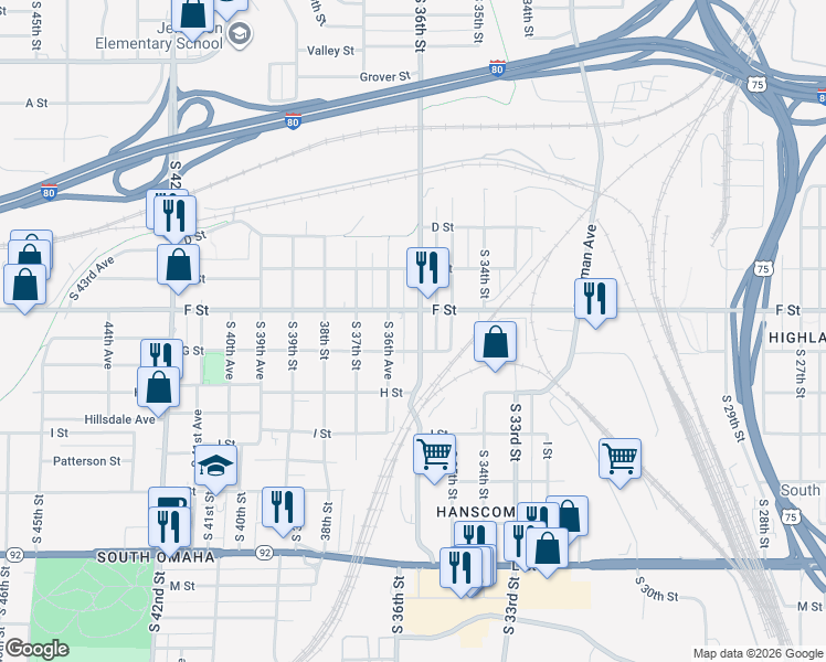 map of restaurants, bars, coffee shops, grocery stores, and more near 4205 South 36th Avenue in Omaha