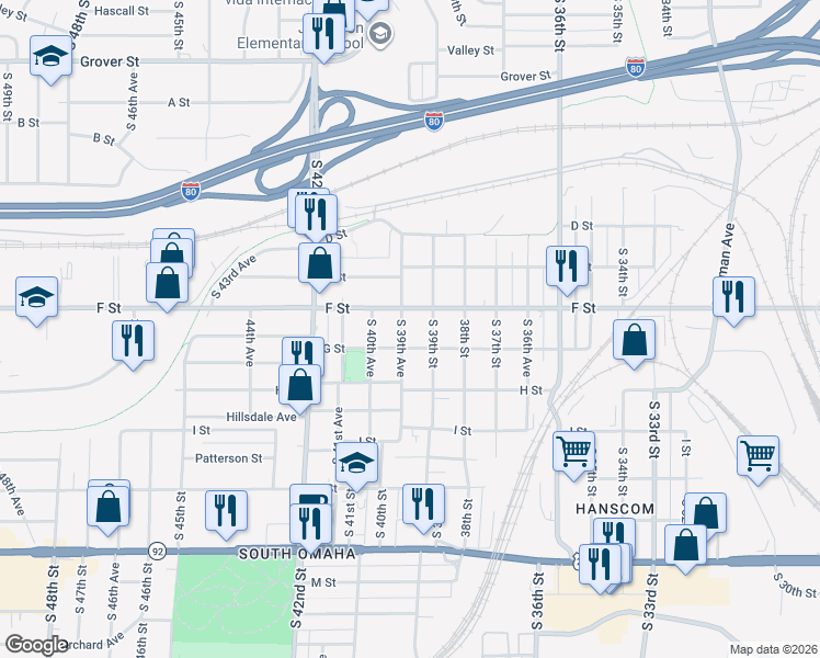 map of restaurants, bars, coffee shops, grocery stores, and more near 4202 South 39th Street in Omaha