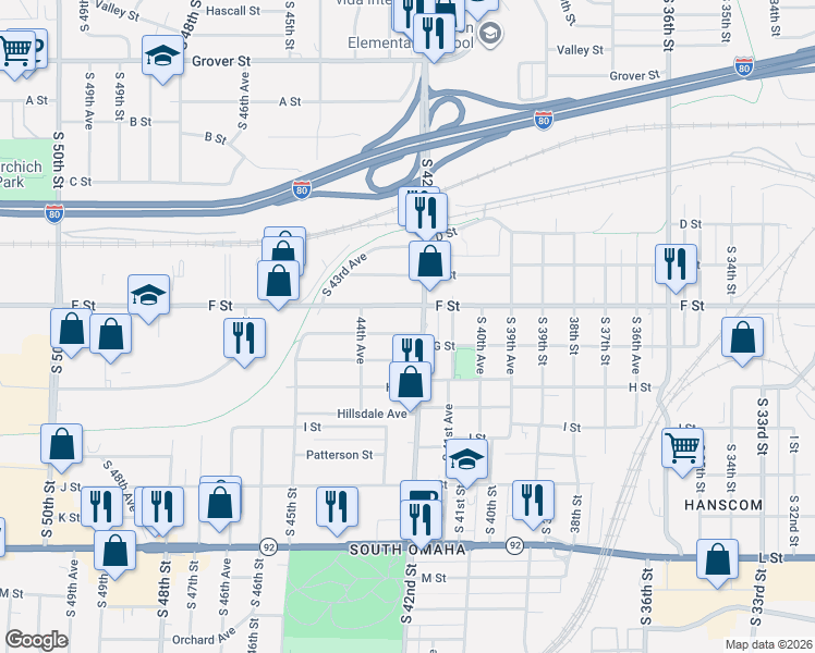 map of restaurants, bars, coffee shops, grocery stores, and more near 4224 South 42nd Street in Omaha