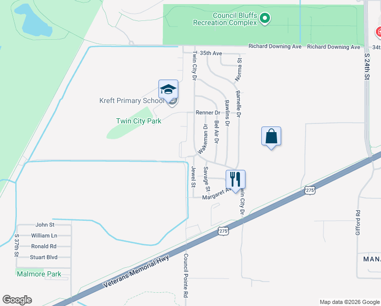 map of restaurants, bars, coffee shops, grocery stores, and more near 4105 Jewel Street in Council Bluffs