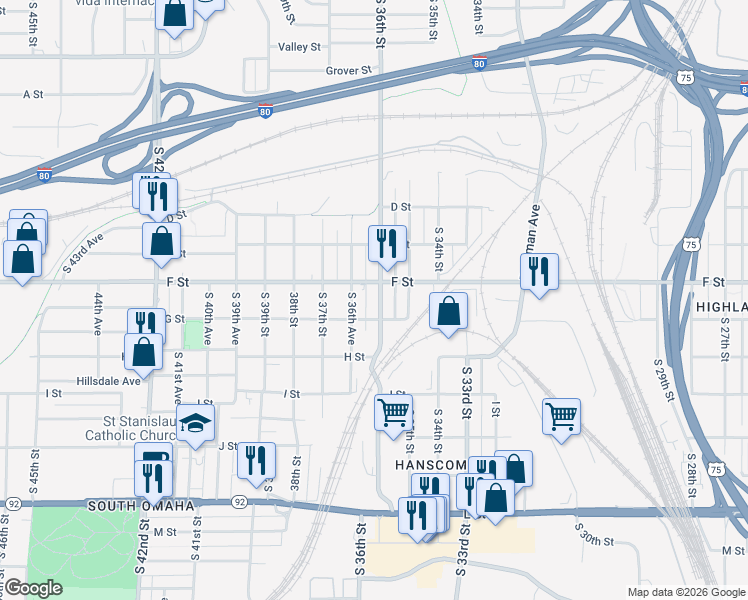 map of restaurants, bars, coffee shops, grocery stores, and more near 4205 South 36th Avenue in Omaha